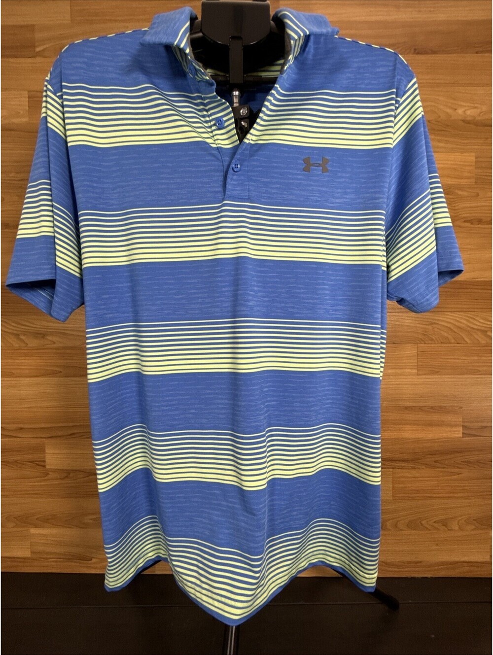 Under Armour Heat Gear Loose Fit Men's Large S/S  Polo Shirt Blue Yellow Striped